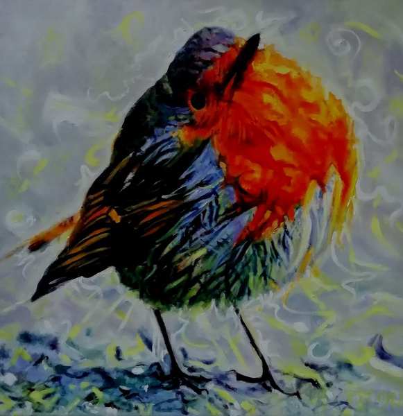 painting, Robin 4, oils, 12 x 12 inches
