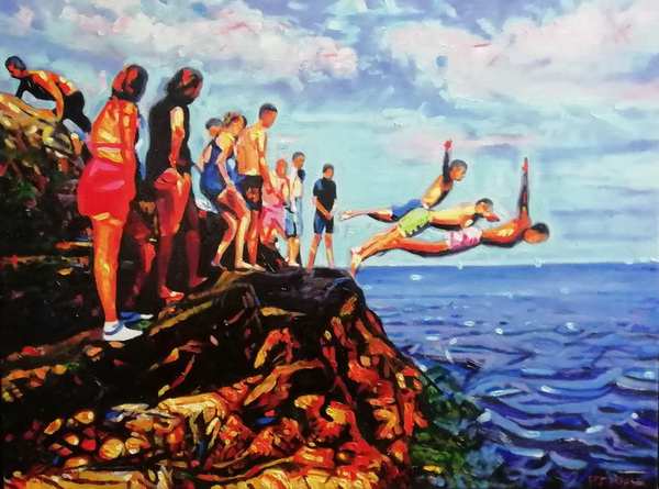 painting, Summer Swim, oil on canvas, 20 x 18 inches