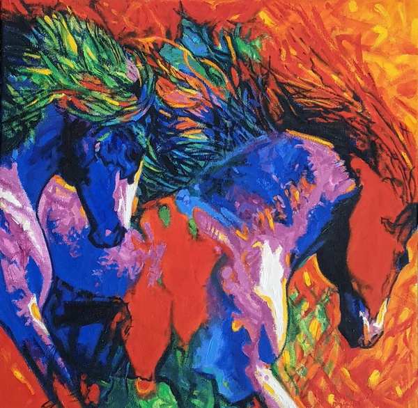 painting, Wild Horses, oils, 20 x 20 inches