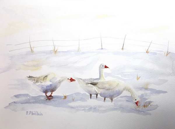 painting, Geese in the Snow, watercolour, 24 x 32 cm
