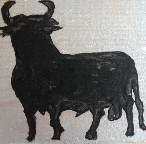 painting, Spanish Black Bull, acrylic on wood block, 6.4 x 6.4 x.3.8 cms