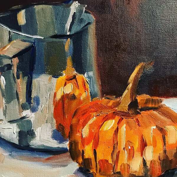 painting, Pumpkin Reflections, oil on canvas, 18 x 24 cm