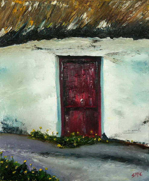 painting, Old Red Door, oil and palette knife, 11.5 X 13.5 ins