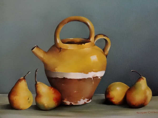 painting, Confit Pot Confit Pears, oil, 14 x 10 ins